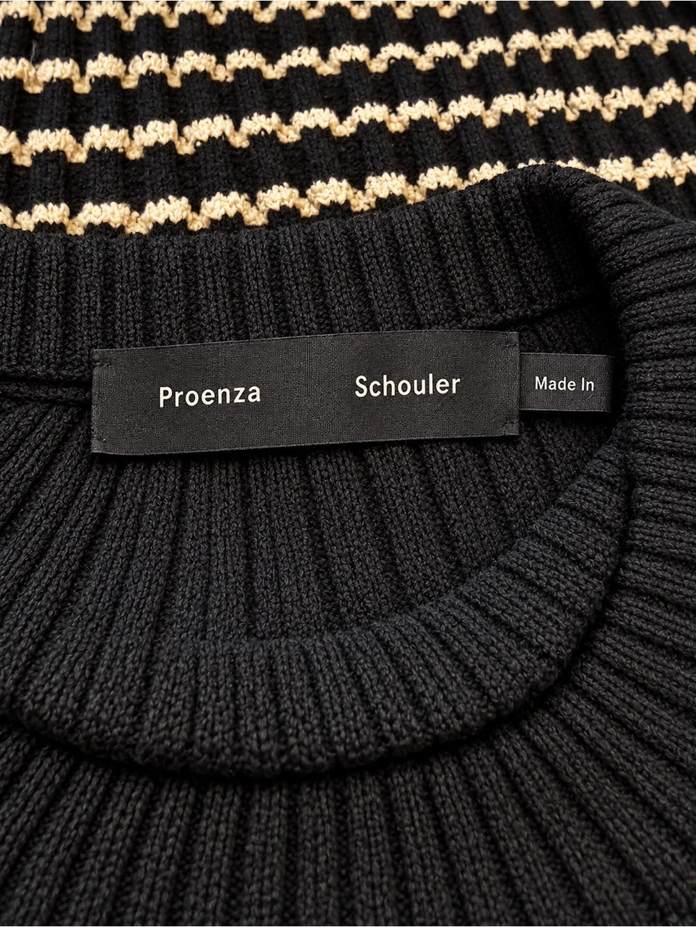 Proenza Schouler Silk Blend Black & Cream  Ribbed Bell Sleeve Crewneck Sweater - Picture 6 of 9